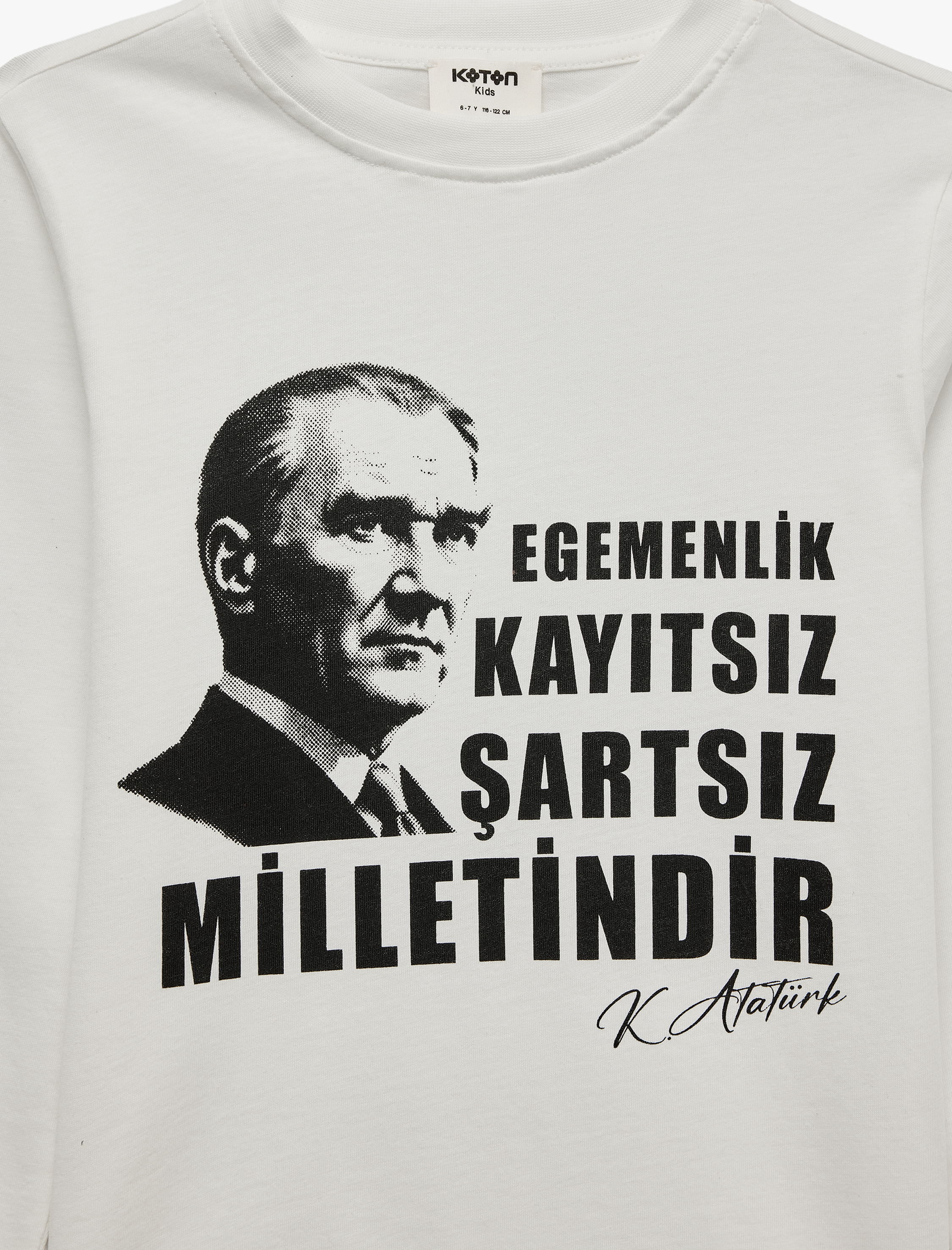  Kız Çocuk Atatürk Baskılı Pamuklu Bisiklet Yaka Uzun Kollu Tişört