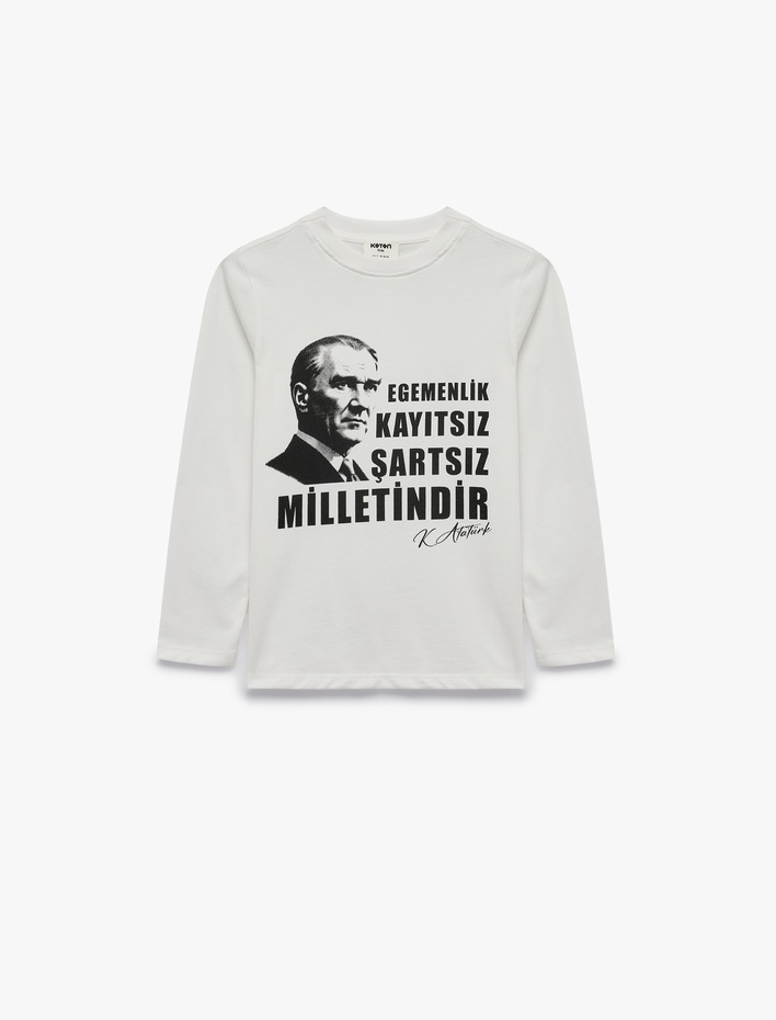 Kız Çocuk Atatürk Baskılı Pamuklu Bisiklet Yaka Uzun Kollu Tişört