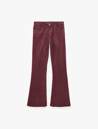 Pamuklu Dar Kesim Yüksek Bel Cepli Düğmeli İspanyol Paça Pantolon - Flare Jeans