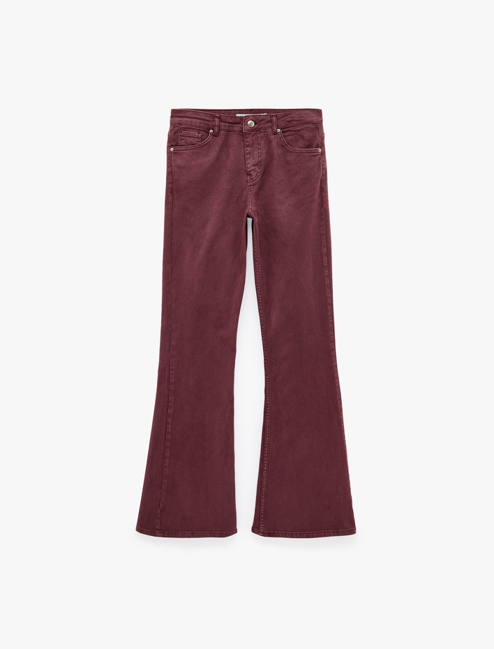  Pamuklu Dar Kesim Yüksek Bel Cepli Düğmeli İspanyol Paça Pantolon - Flare Jeans