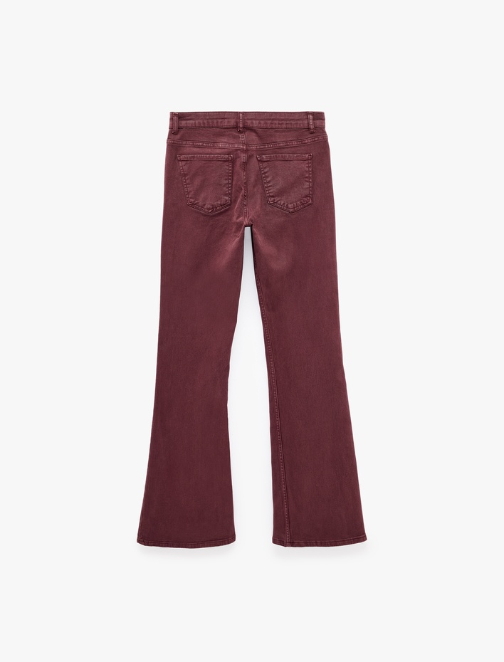  Pamuklu Dar Kesim Yüksek Bel Cepli Düğmeli İspanyol Paça Pantolon - Flare Jeans
