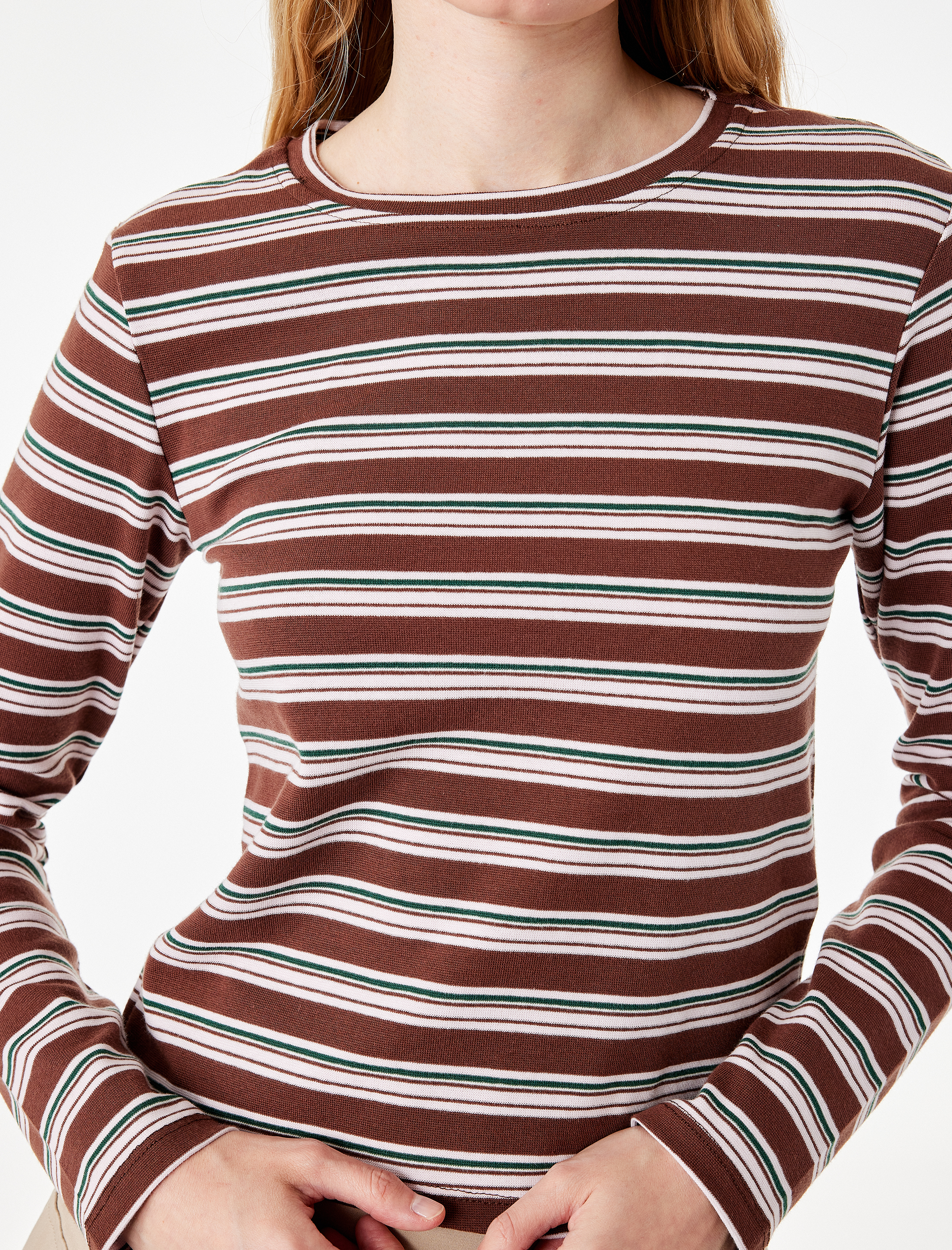   Slim Fit Pamuklu Uzun Kollu Çizgili Tişört