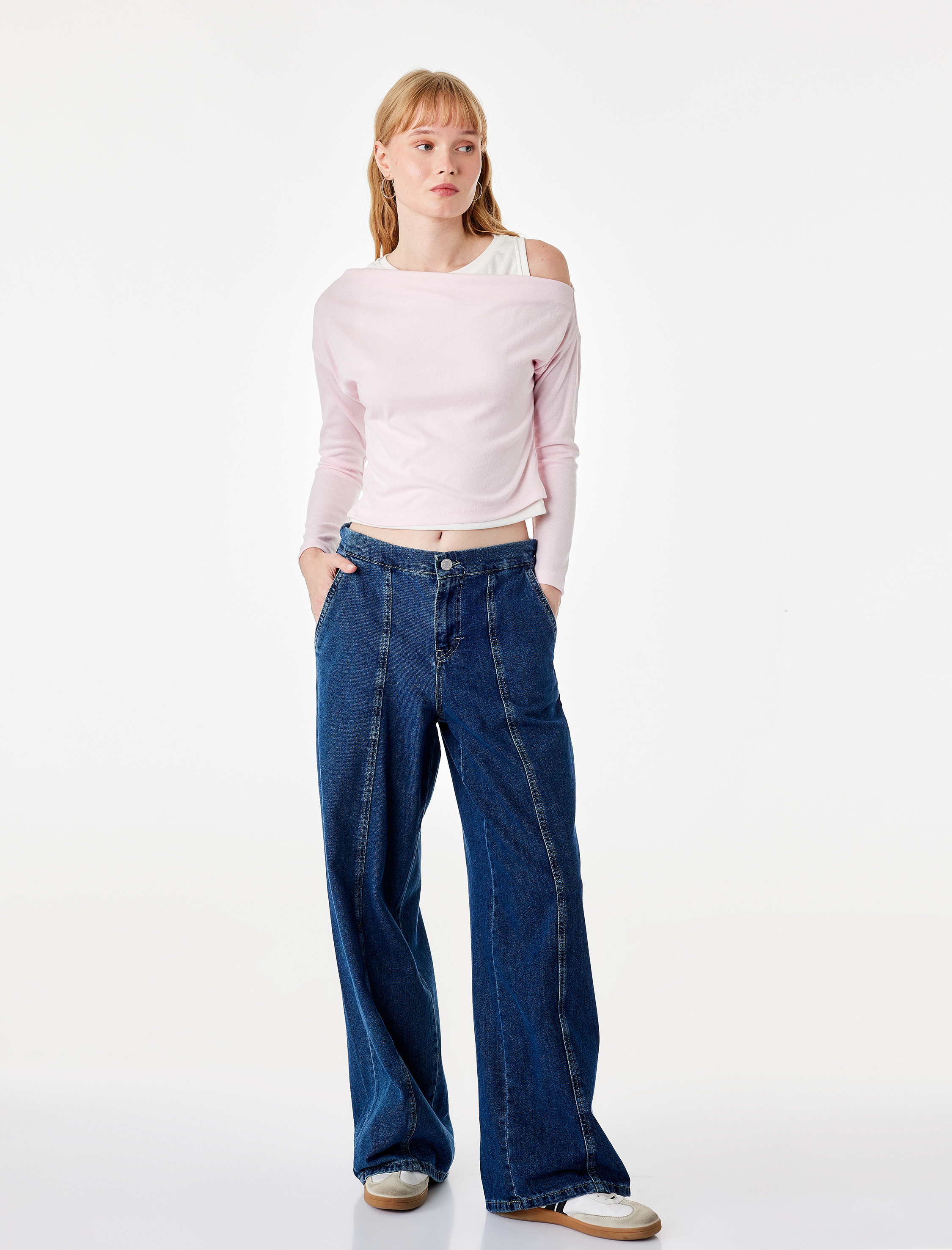   Slim Fit Viskon Karışımlı Asimetrik Yaka Uzun Kollu Katmanlı Tişört