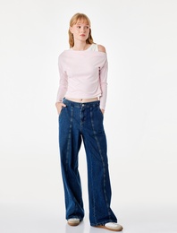 Slim Fit Viskon Karışımlı Asimetrik Yaka Uzun Kollu Katmanlı Tişört