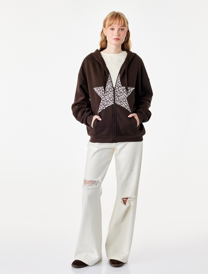  Cepli Şardonlu Leopar İşlemeli Kapüşonlu Fermuarlı Sweatshirt