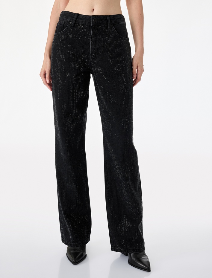  Taşlı Düğmeli Yüksek Bel Düz Paça Denim Pantolon - Straight Fit Jean