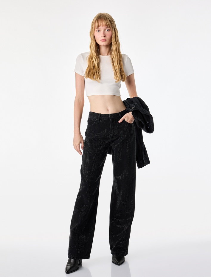  Taşlı Düğmeli Yüksek Bel Düz Paça Denim Pantolon - Straight Fit Jean