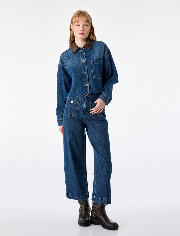 Pamuklu Cepli Düğmeli Geniş Kısa Paça Denim Pantolon - Culotte Jeans