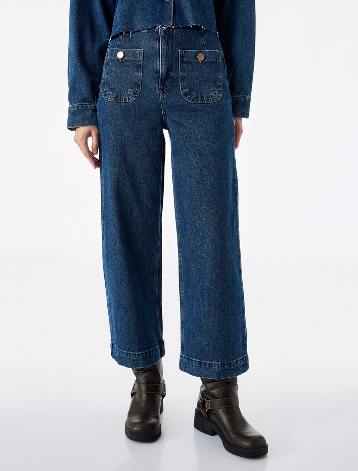  Pamuklu Cepli Düğmeli Geniş Kısa Paça Denim Pantolon - Culotte Jeans