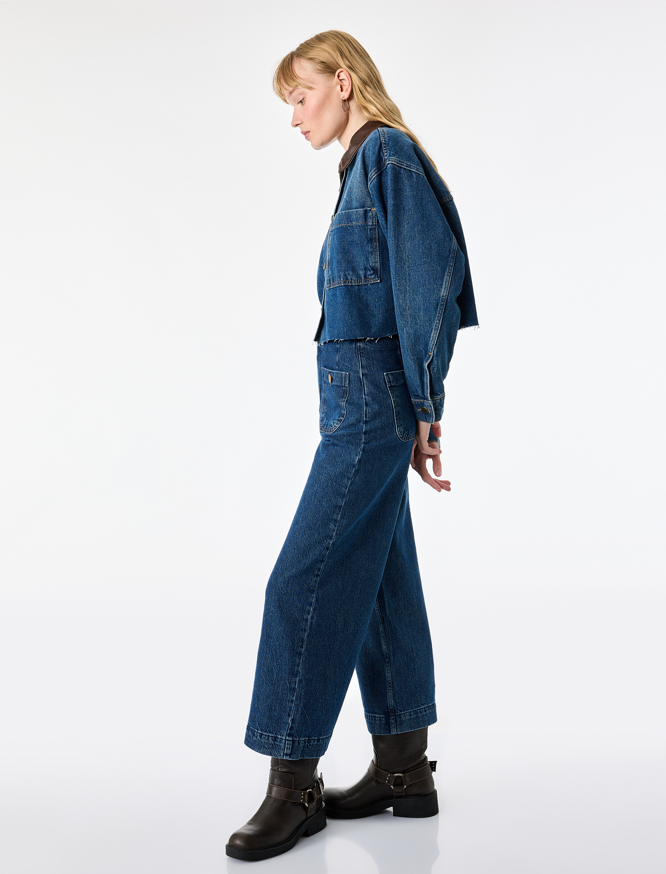   Pamuklu Cepli Düğmeli Geniş Kısa Paça Denim Pantolon - Culotte Jeans