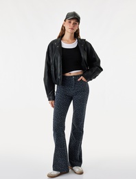 Yüksek Bel Dar Kesim Pamuklu İspanyol Paça Leopar Desenli Pantolon - Flare Jeans