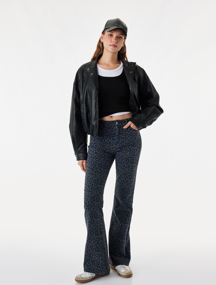  Yüksek Bel Dar Kesim Pamuklu İspanyol Paça Leopar Desenli Pantolon - Flare Jeans