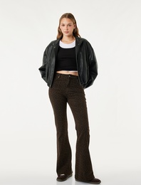 Yüksek Bel Dar Kesim Pamuklu İspanyol Paça Leopar Desenli Pantolon - Flare Jeans