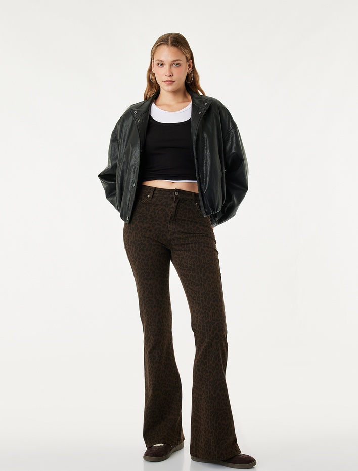  Yüksek Bel Dar Kesim Pamuklu İspanyol Paça Leopar Desenli Pantolon - Flare Jeans