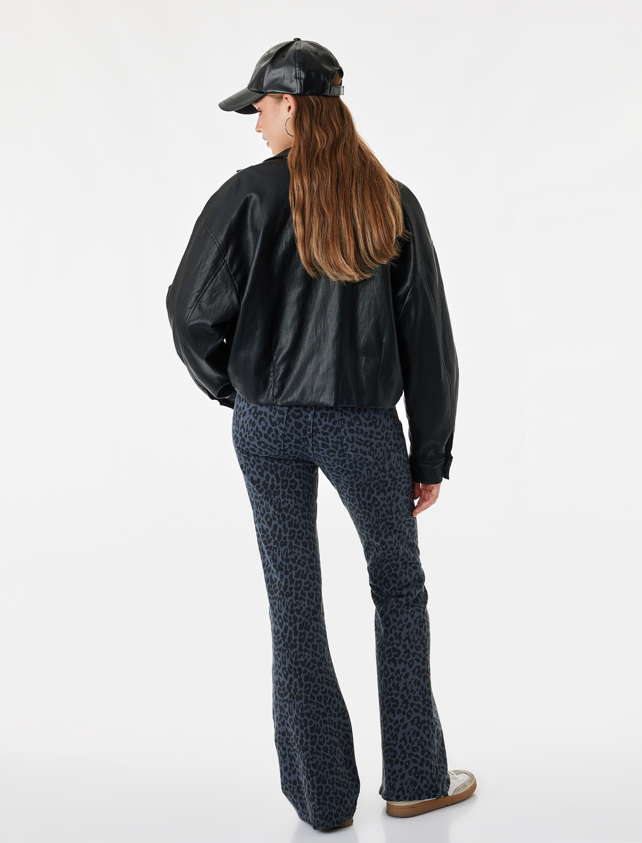   Yüksek Bel Dar Kesim Pamuklu İspanyol Paça Leopar Desenli Pantolon - Flare Jeans