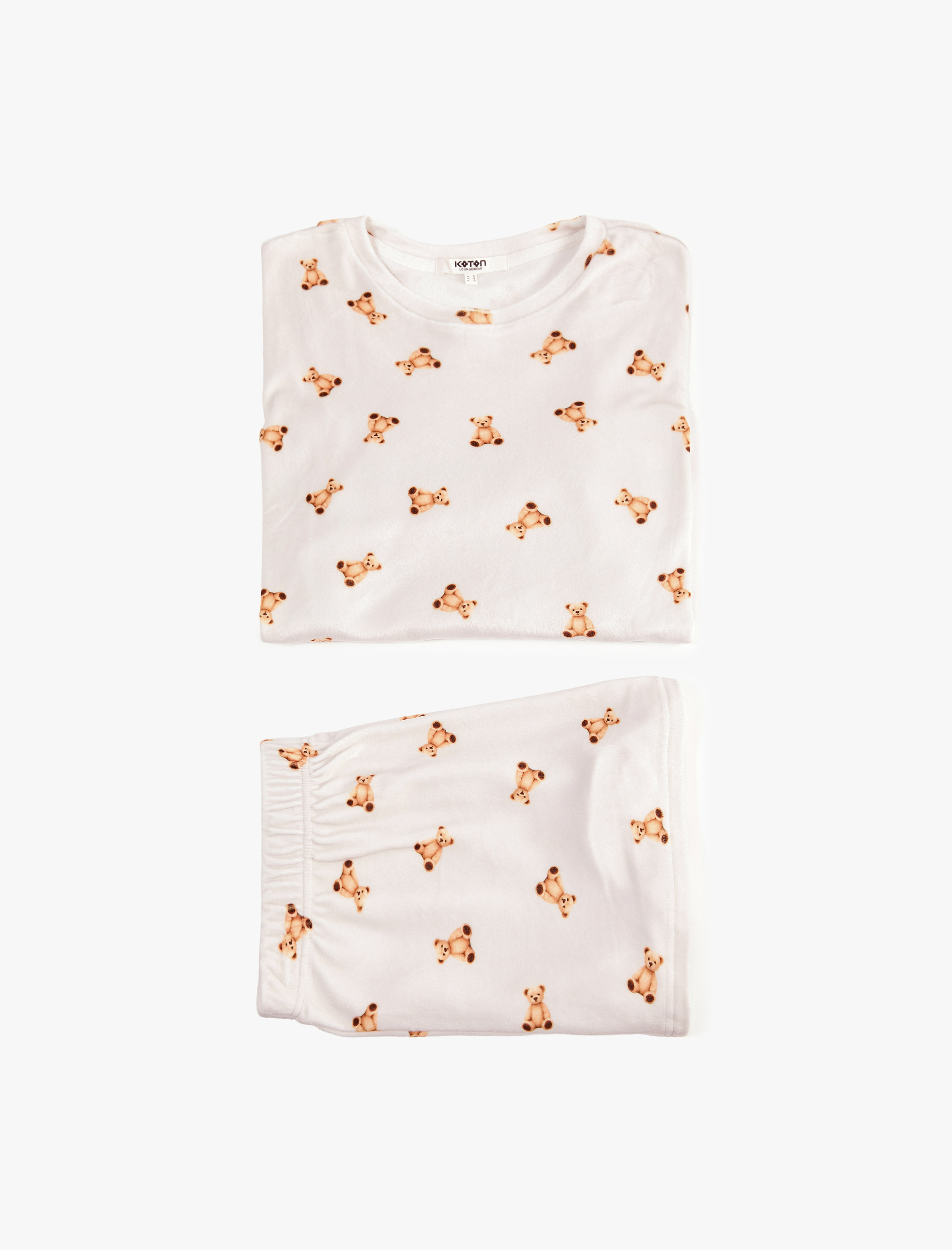   Ayıcık Desenli Rahat Kesim Bisiklet Yaka Uzun Kollu Şortlu Pijama Takımı