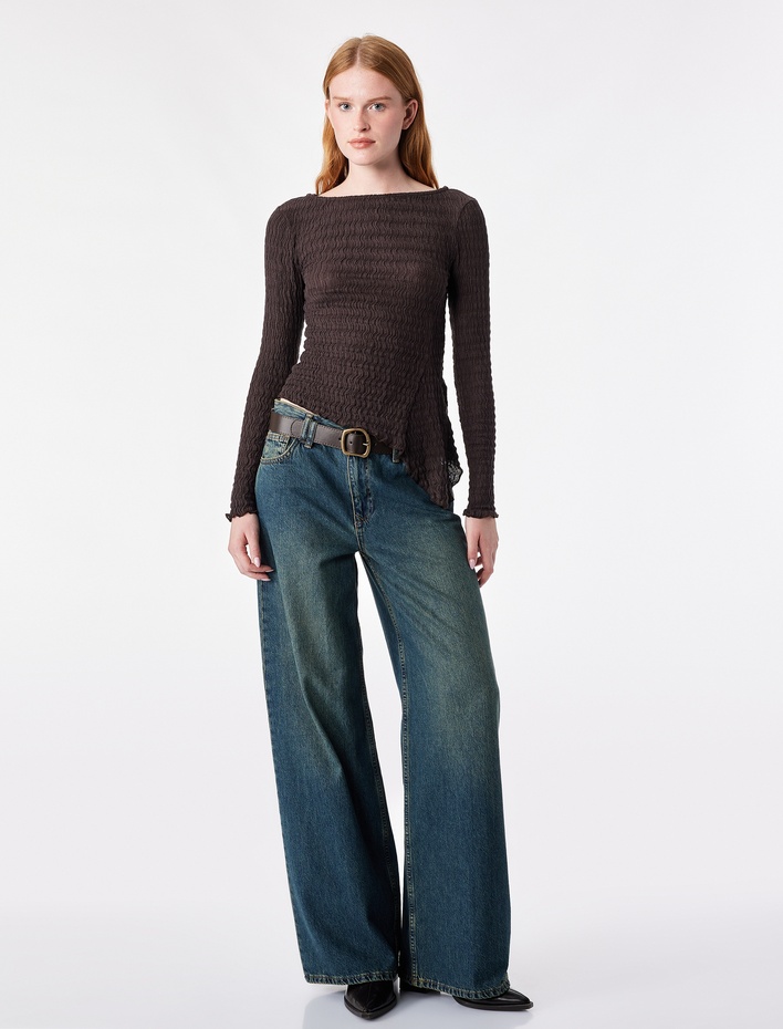  Slim Fit Bürümcük Kumaş Dokulu Bisiklet Yaka Uzun Kollu Asimetrik Tişört