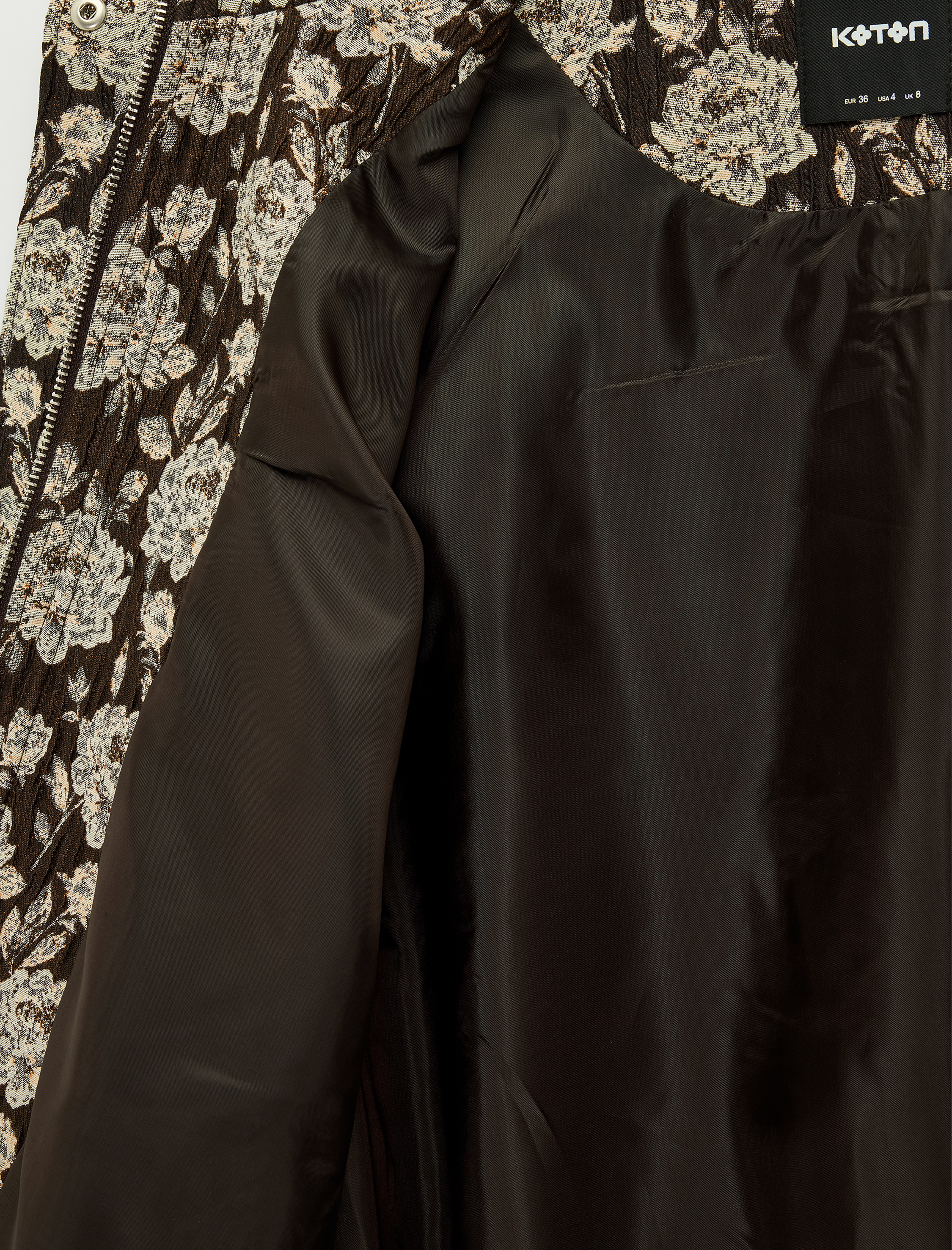   Uzun Kollu Fermuarlı Dik Yaka Çiçek Desenli Bomber Ceket
