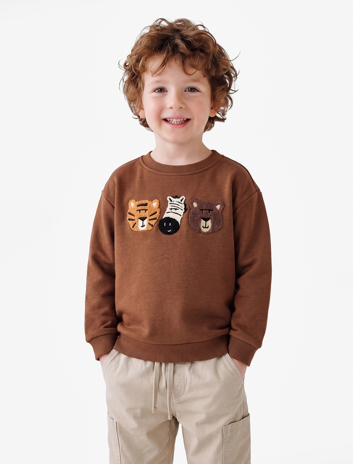 Erkek Bebek Nakışlı Şardonlu Bisiklet Yaka Uzun Kollu Oversize Sweatshirt