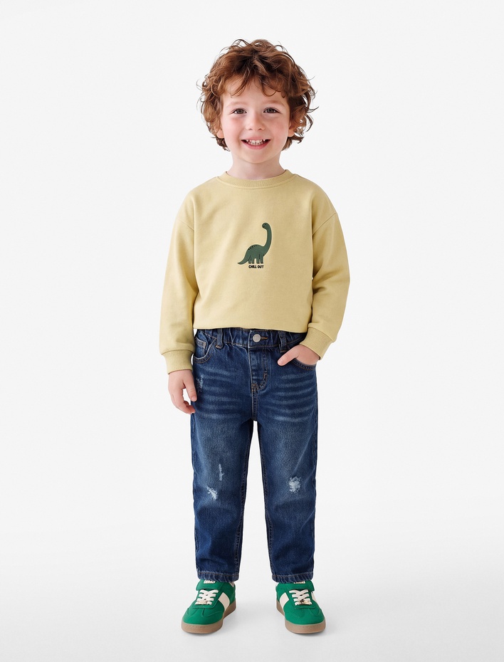 Erkek Bebek Dinozor Baskılı Şardonlu Bisiklet Yaka Uzun Kollu Pamuklu Sweatshirt