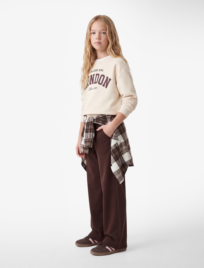 Kız Çocuk Baskılı Uzun Kollu Bisiklet Yaka Şardonlu Sweatshirt