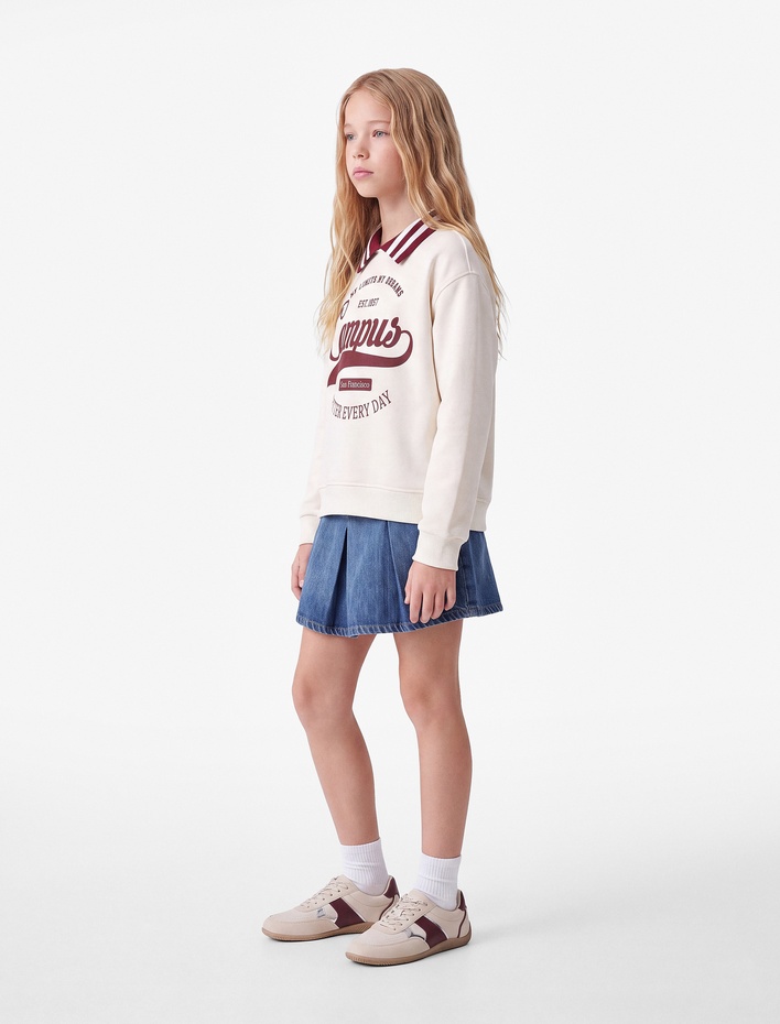 Kız Çocuk Şardonlu Baskılı Uzun Kollu Oversize Polo Yaka Sweatshirt