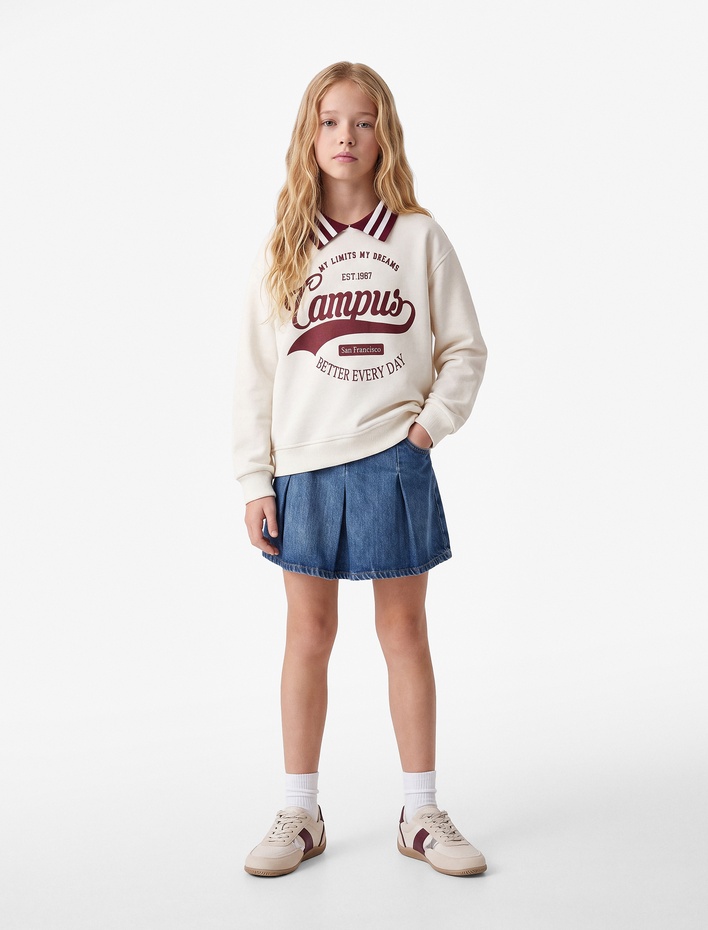 Kız Çocuk Şardonlu Baskılı Uzun Kollu Oversize Polo Yaka Sweatshirt