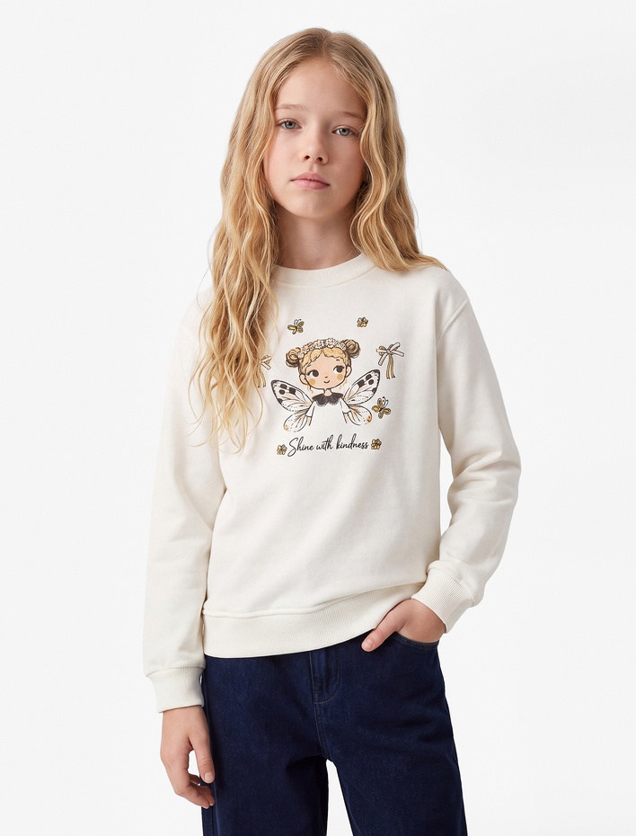 Kız Çocuk Peri Baskılı Bisiklet Yaka Uzun Kollu Şardonlu Sweatshirt