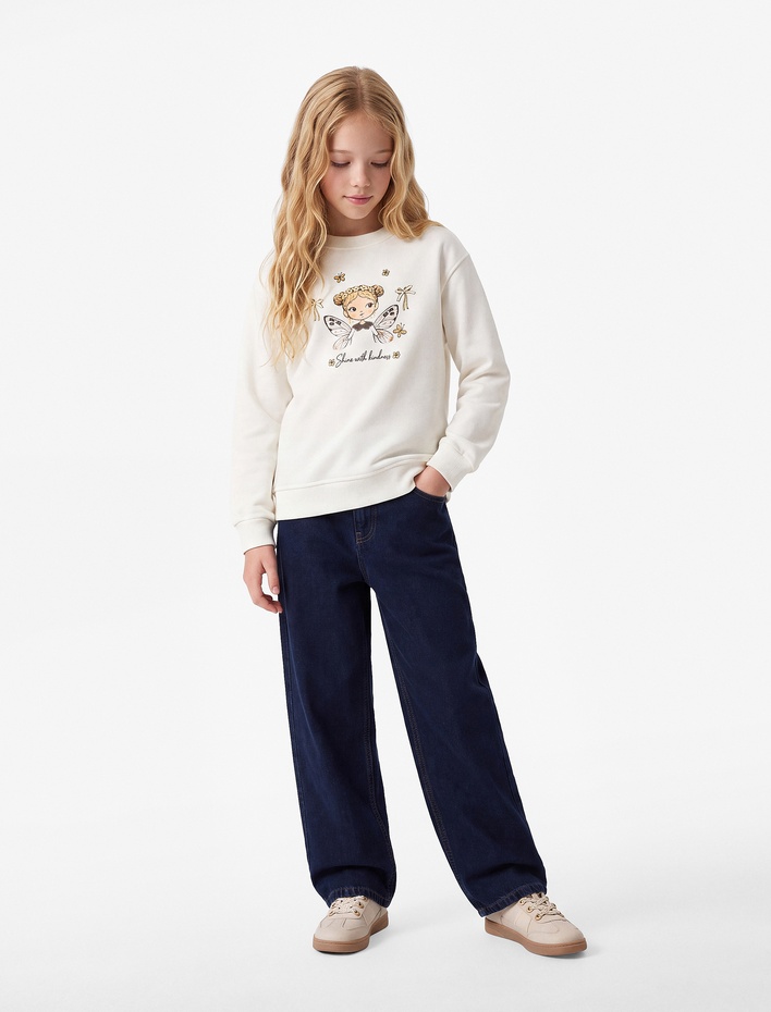 Kız Çocuk Peri Baskılı Bisiklet Yaka Uzun Kollu Şardonlu Sweatshirt