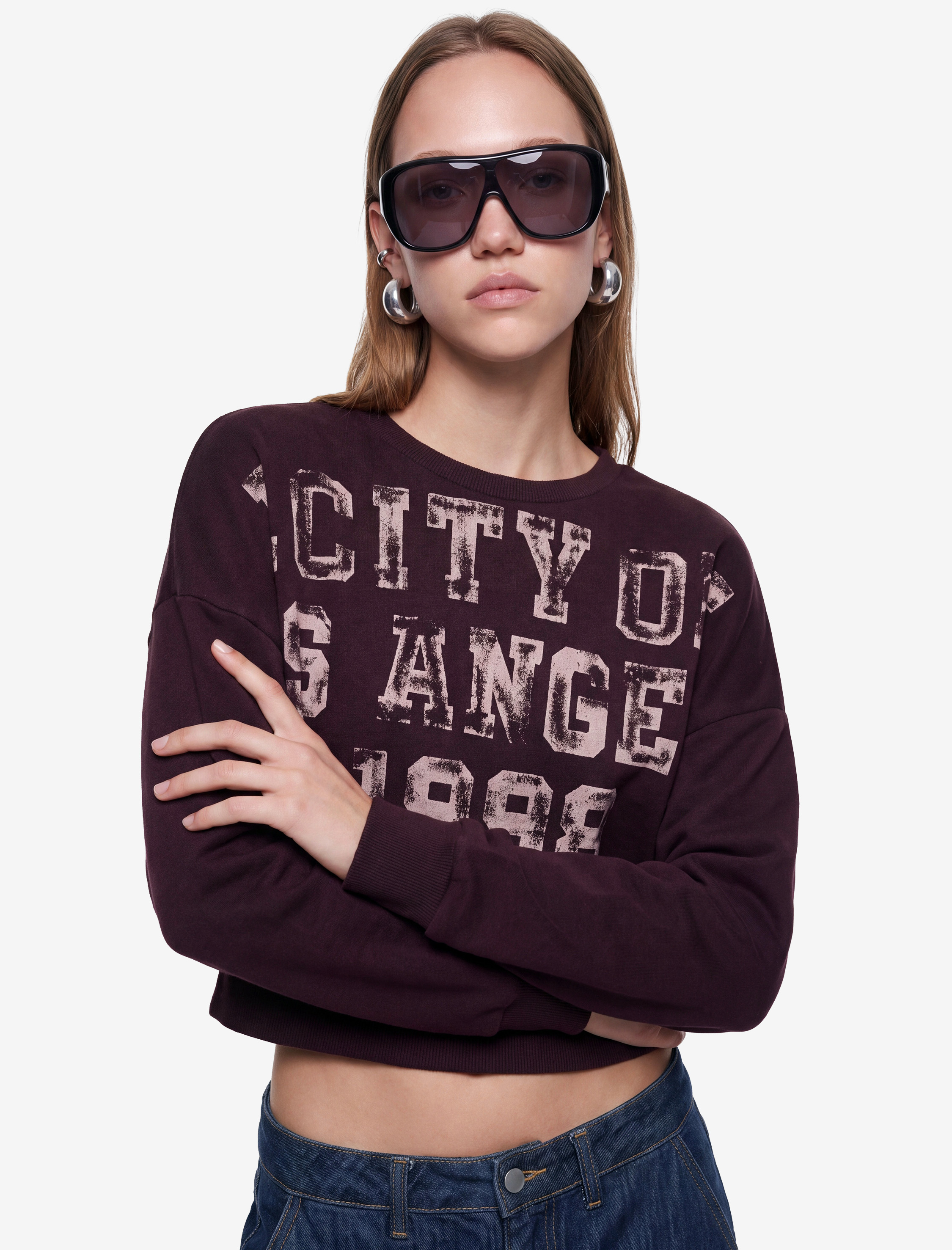   Ribanalı Bisiklet Yaka Uzun Kollu Baskılı Sweatshirt