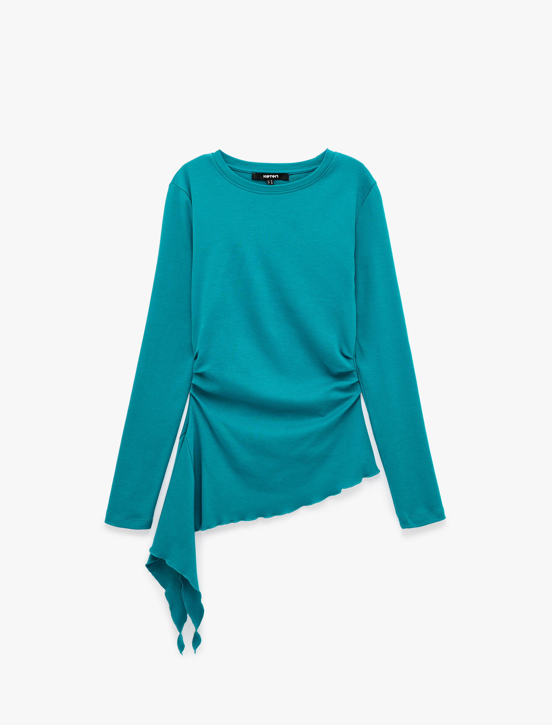   Pamuklu Bisiklet Yaka Uzun Kollu Slim Fit Drapeli Asimetrik Bluz