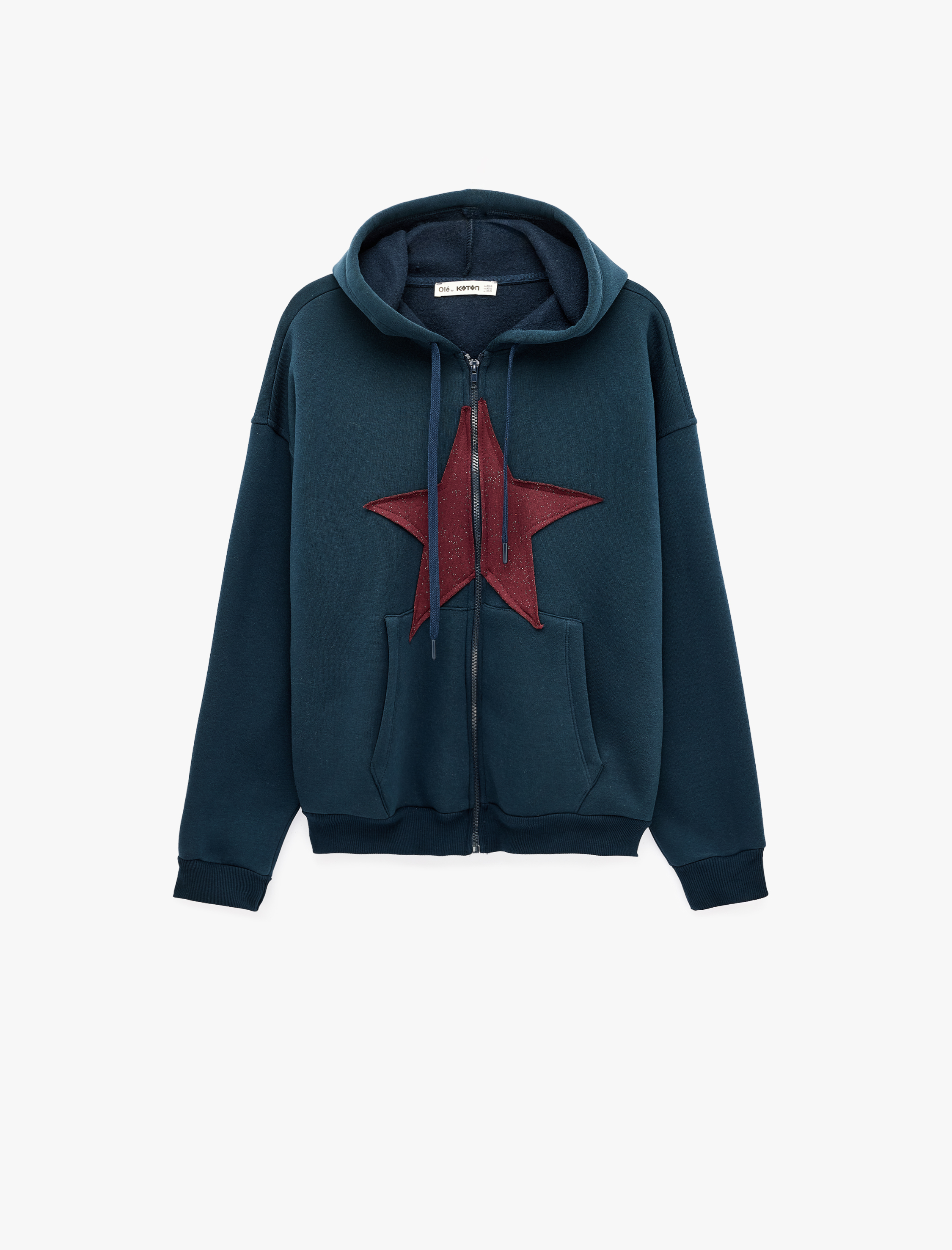   Üç İplik Şardonlu Yıldız İşlemeli Kanguru Cepli Kapüşonlu Fermuarlı Oversize Sweatshirt