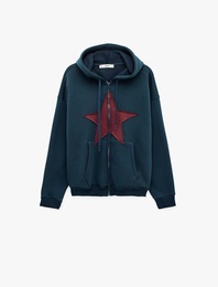Üç İplik Şardonlu Yıldız İşlemeli Kanguru Cepli Kapüşonlu Fermuarlı Oversize Sweatshirt
