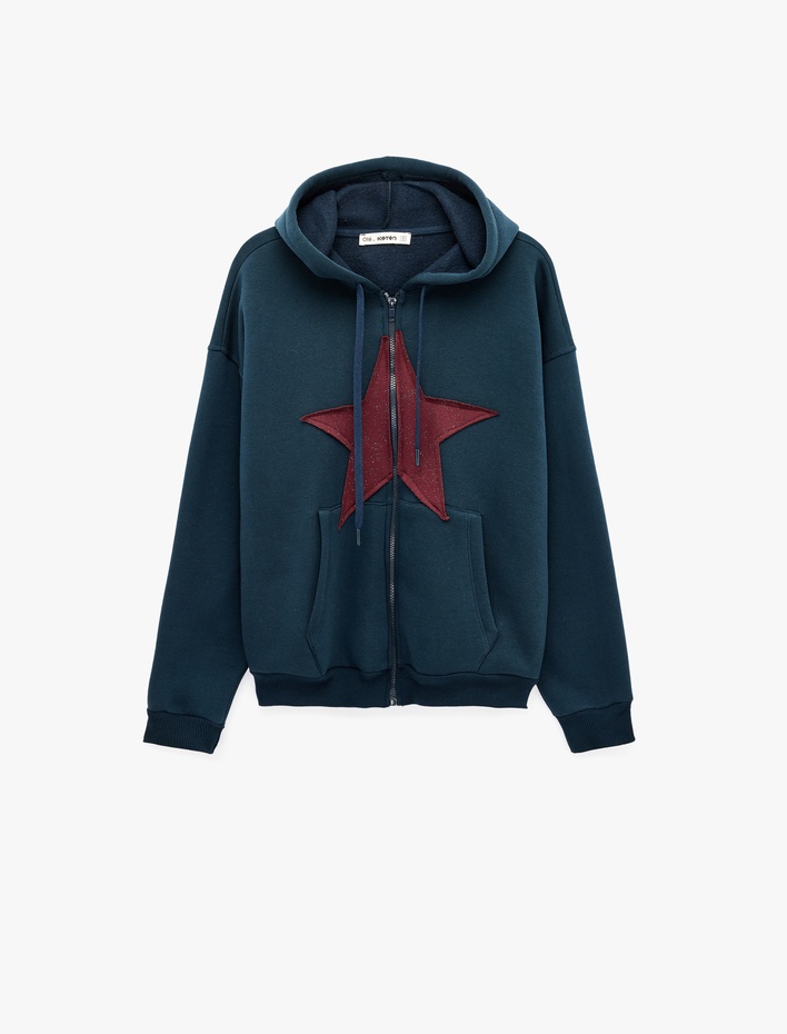  Üç İplik Şardonlu Yıldız İşlemeli Kanguru Cepli Kapüşonlu Fermuarlı Oversize Sweatshirt