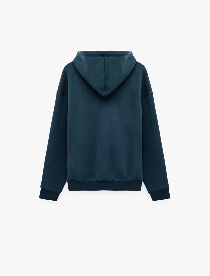  Üç İplik Şardonlu Yıldız İşlemeli Kanguru Cepli Kapüşonlu Fermuarlı Oversize Sweatshirt