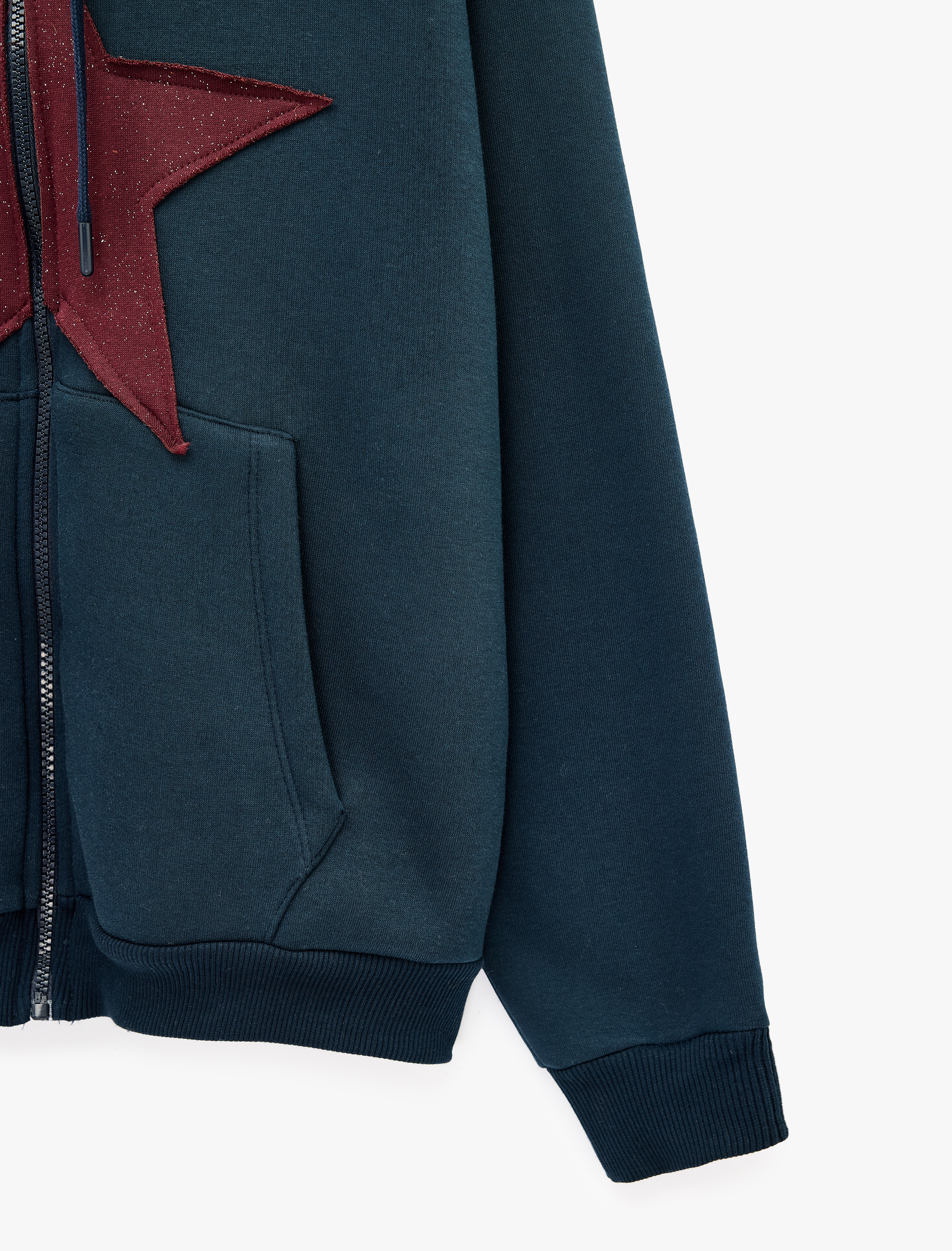   Üç İplik Şardonlu Yıldız İşlemeli Kanguru Cepli Kapüşonlu Fermuarlı Oversize Sweatshirt