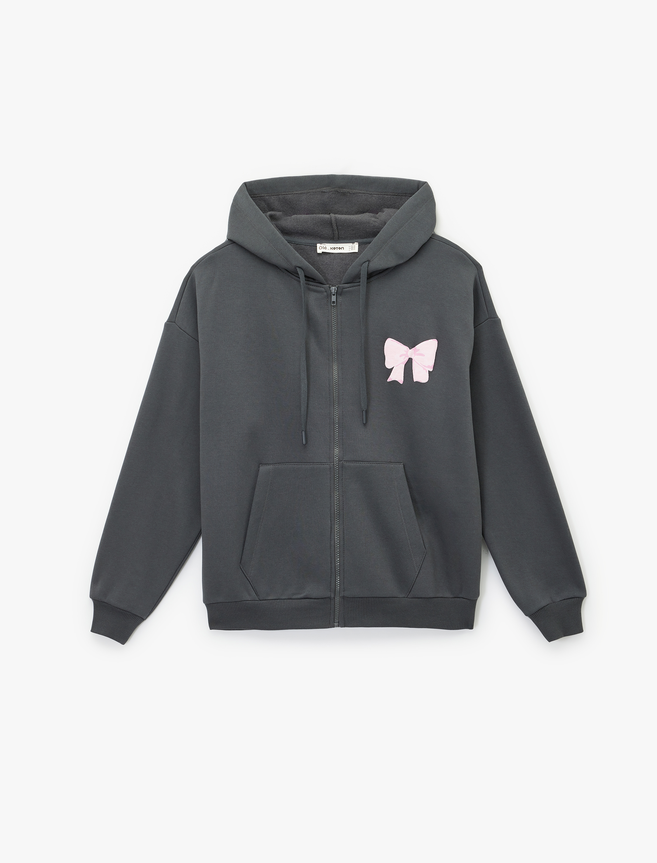   Şardonlu Rahat Kalıp Kapüşonlu Fermuarlı Kanguru Cepli Arkası Fiyonk Baskılı Sweatshirt
