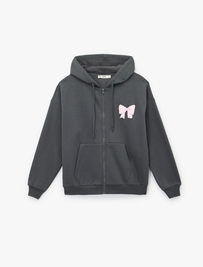  Şardonlu Rahat Kalıp Kapüşonlu Fermuarlı Kanguru Cepli Arkası Fiyonk Baskılı Sweatshirt