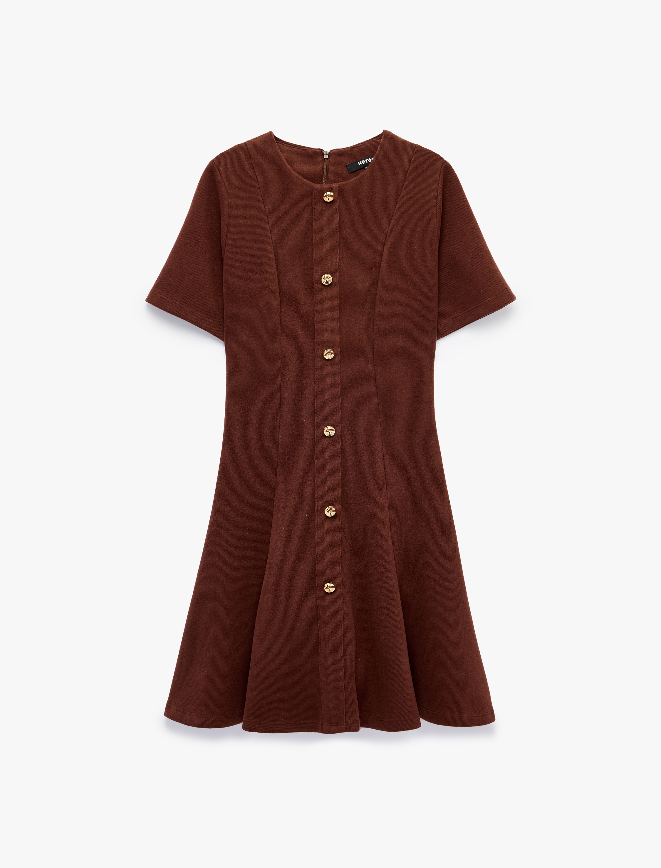   Slim Fit Bisiklet Yaka Kısa Kollu Süs Düğmeli Mini Elbise