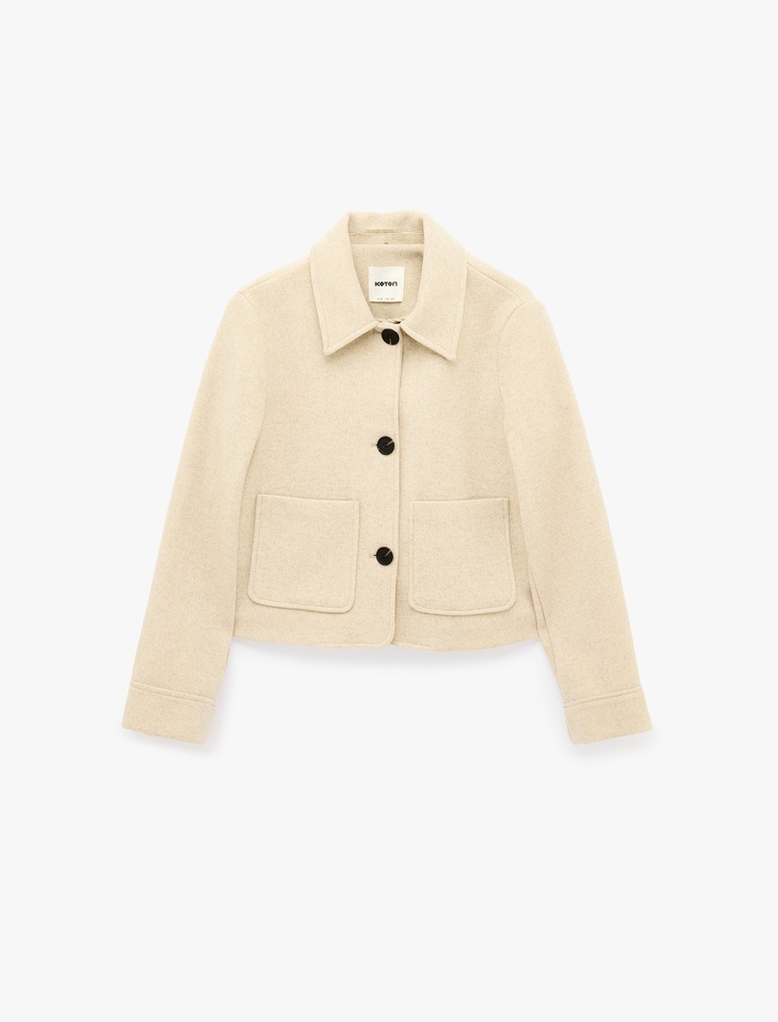  Cepli Düğmeli Crop Kaşe Mevsimlik Bomber Ceket