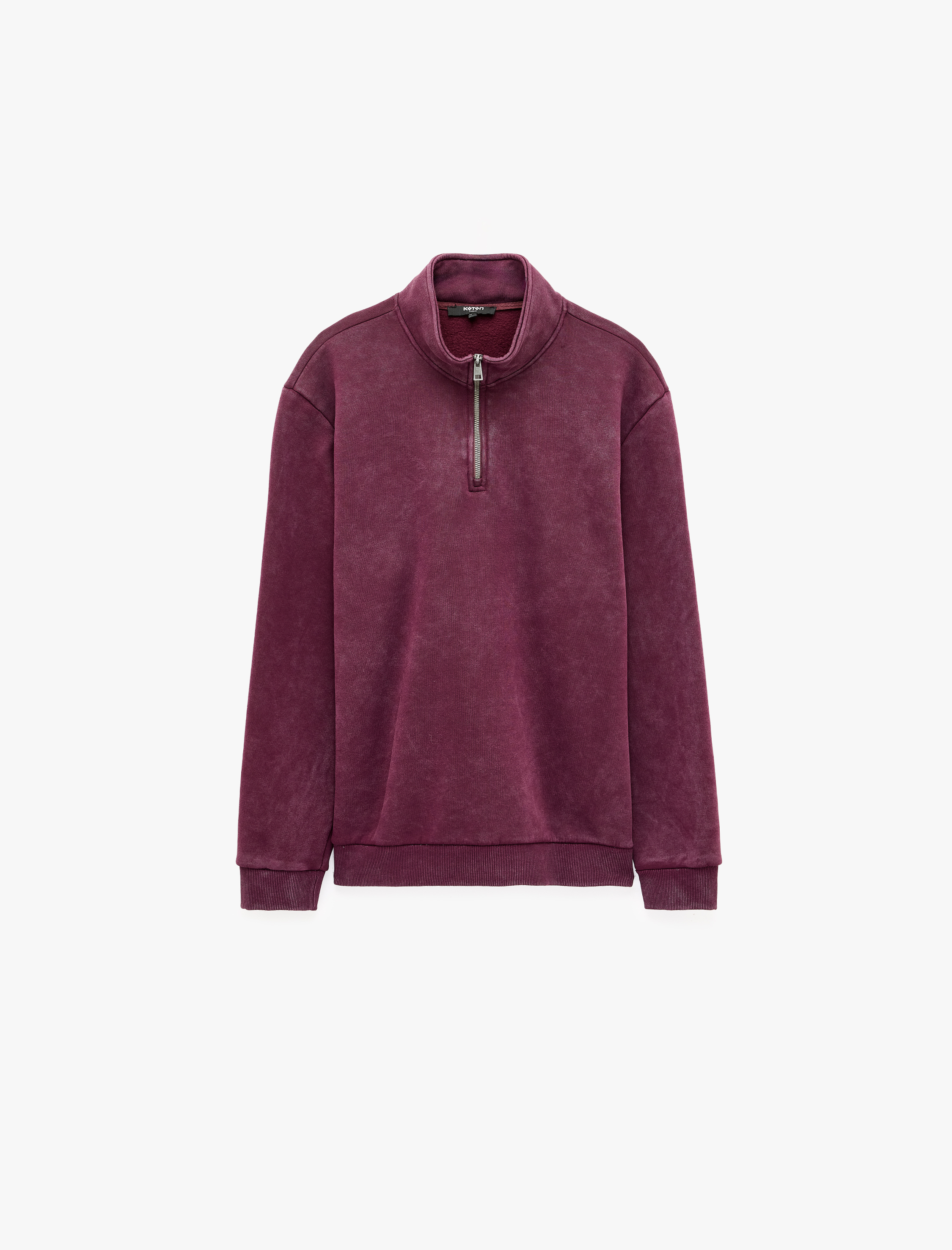  Şardonlu Rahat Kalıp Yıkamalı Uzun Kollu Yarım Fermuarlı Sweatshirt