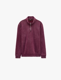 Şardonlu Rahat Kalıp Yıkamalı Uzun Kollu Yarım Fermuarlı Sweatshirt