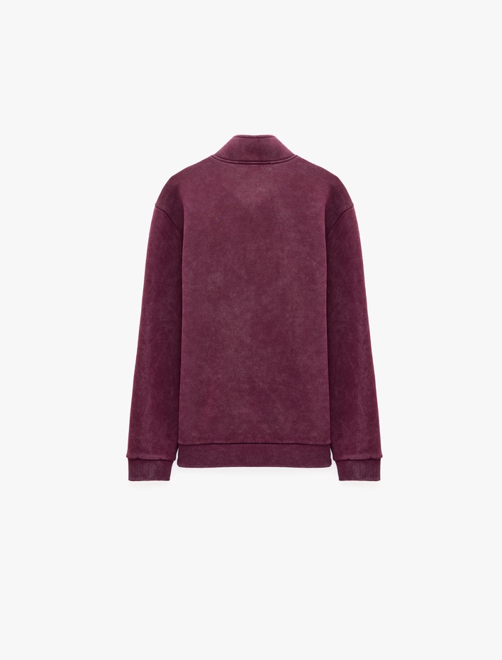  Şardonlu Rahat Kalıp Yıkamalı Uzun Kollu Yarım Fermuarlı Sweatshirt