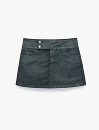 Normal Bel Düğme Detaylı Cepli Pamuklu Denim Mini Şort Etek