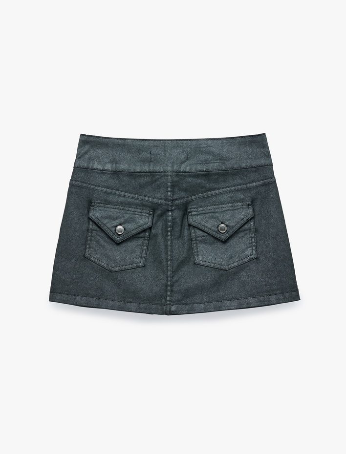  Normal Bel Düğme Detaylı Cepli Pamuklu Denim Mini Şort Etek
