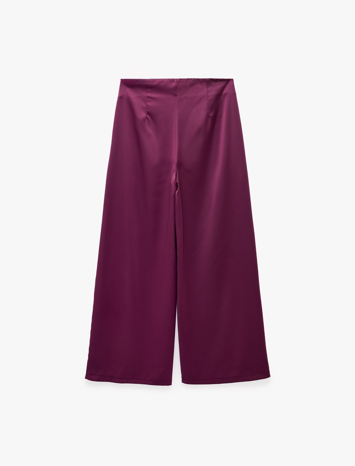  Regular Fit Normal Bel Düz Geniş Paça Saten Pantolon