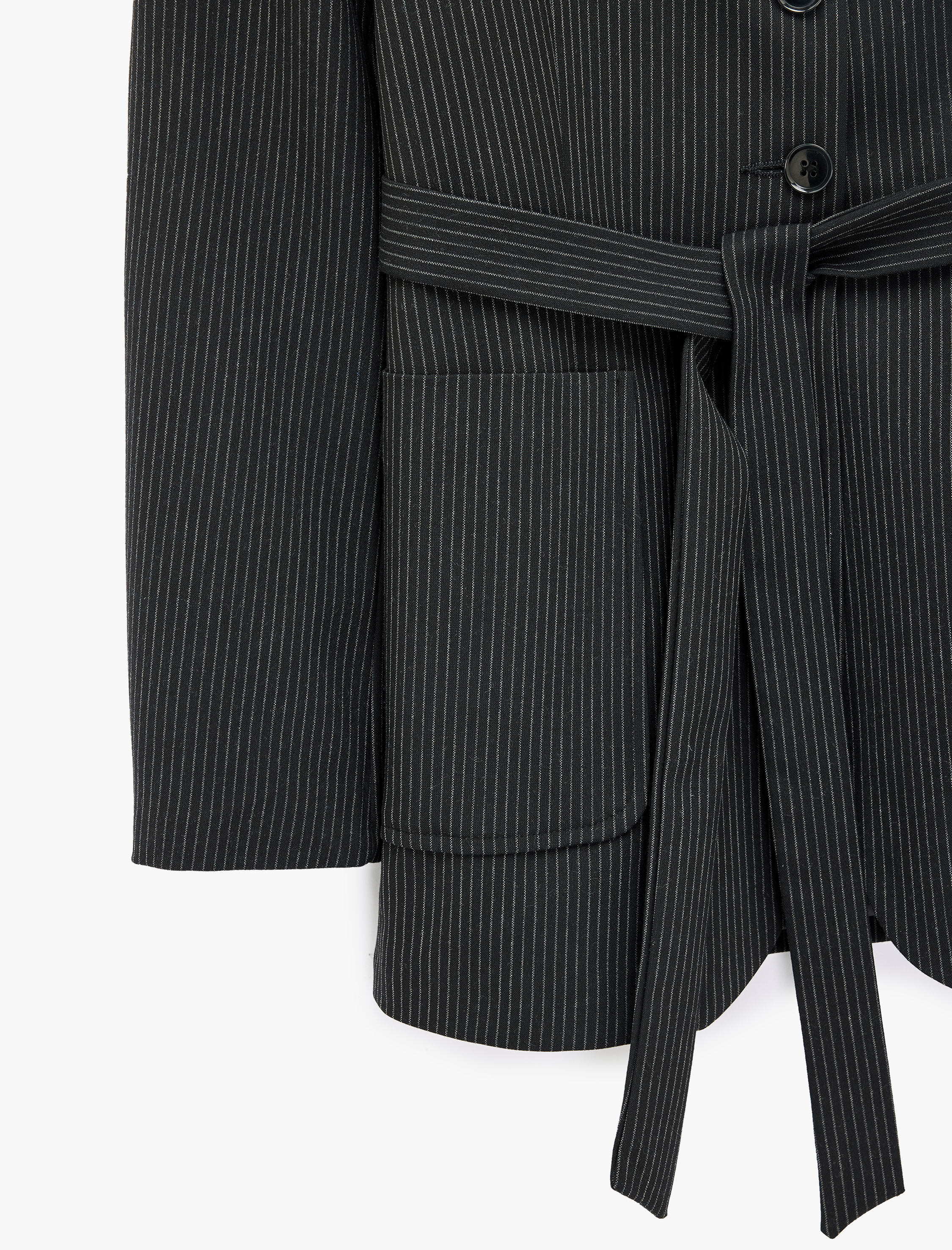   Kemerli Düğmeli Cepli Mandarin Yaka Uzun Kollu Çizgili Blazer Ceket