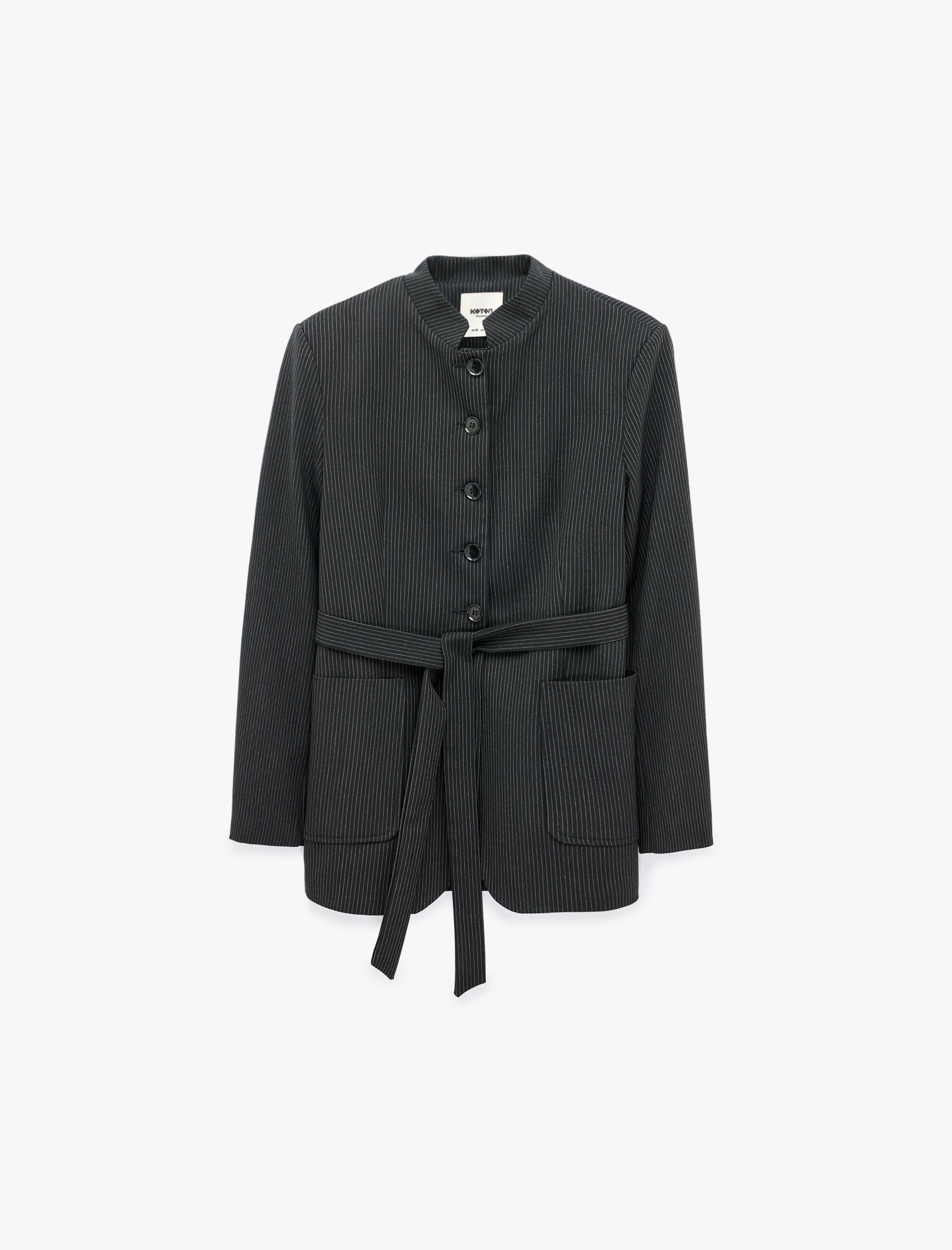   Kemerli Düğmeli Cepli Mandarin Yaka Uzun Kollu Çizgili Blazer Ceket