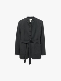 Kemerli Düğmeli Cepli Mandarin Yaka Uzun Kollu Çizgili Blazer Ceket