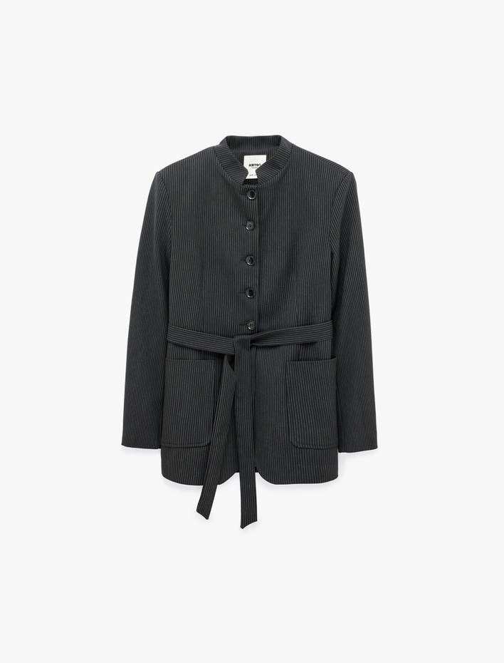  Kemerli Düğmeli Cepli Mandarin Yaka Uzun Kollu Çizgili Blazer Ceket